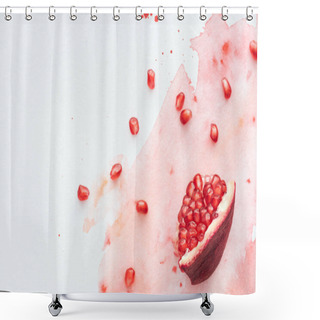 Personality  Top View Of Pomegranate Seeds On White Surface With Red Watercolor Strokes Shower Curtains