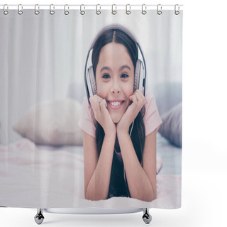 Personality  Close Up Photo Beautiful She Her Little Girl Lying Down Bed Earflaps Enjoy New Popular Song Weekend Morning Curly Wavy Wear Home T-shirt Pants Comfortable Apartments Flat Bright Light Colored Room Shower Curtains