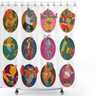 Personality  Set Of Twelve Round Frames, Funny Animals In The Gym Shower Curtains