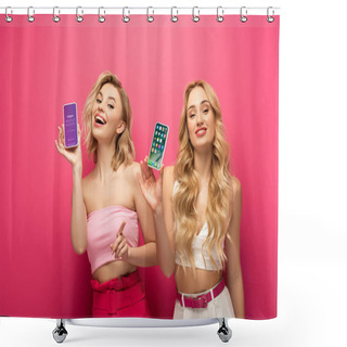 Personality  KYIV, UKRAINE - MARCH 10, 2020: Smiling Blonde Friends Holding Smartphones With Instagram App And Iphone Screen On Pink Background Shower Curtains