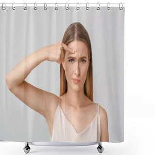 Personality  Portrait Of Young Woman With Acne Problem On Light Background Shower Curtains