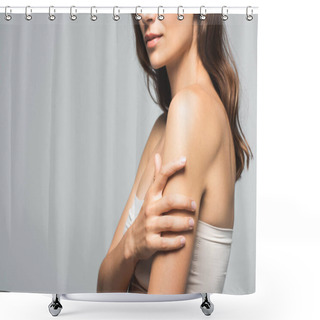 Personality  Cropped View Of Attractive Brunette Woman With Clean Skin, Isolated On Grey Shower Curtains