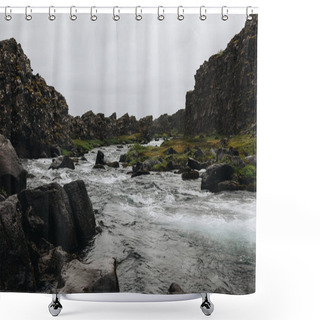 Personality  Beautiful Mountain River Flowing Through Highlands Under Cloudy Sky In Thingvellir National Park In Iceland Shower Curtains
