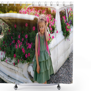 Personality  A Girl With Fashionable Zizi Pigtails From Kanekalon Closed Her Eyes From Enjoying The Smell Of Flowers. A Kid Is Standing By A Decorative Car Used Instead Of A Flowerbed. Landscape Design Ideas Shower Curtains