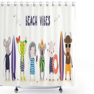 Personality  Hand Drawn Banner With Cute Animals In Summer, Text Beach Vibes. Scandinavian Style Flat Design. Concept For Kids Holidays Print Shower Curtains