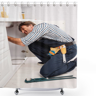 Personality  Side View Of Plumber Repairing Sink Near Pipe Wrench In Kitchen  Shower Curtains