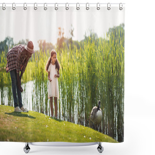Personality  Granddaughter And Grandfather Feeding Goose  Shower Curtains
