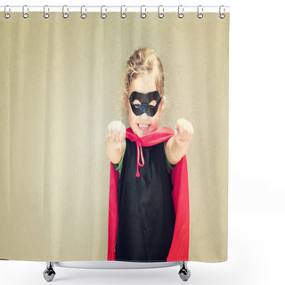 Personality  Superhero Kid Against Textured Wall Background. Playing Activity Concept Shower Curtains