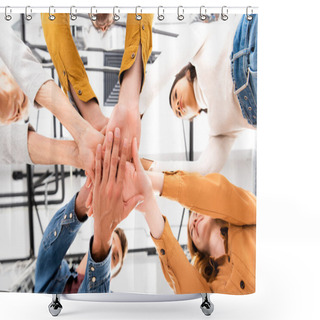 Personality  Bottom View Of Multicultural People Holding Hands And Smiling On Blurred Background  Shower Curtains