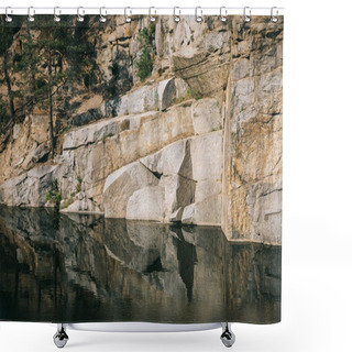 Personality  Scenic View Of Beautiful Rocky Cliff Over Calm Lake Shower Curtains