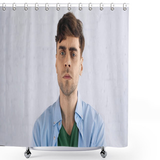 Personality  Displeased Man In Blur Shirt Looking At Camera  Shower Curtains