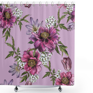 Personality  Floral Seamless Pattern With Watercolor Peonies, Tulips And Jasmine  Shower Curtains