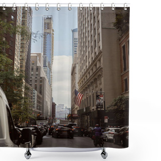 Personality  NEW YORK, USA - NOVEMBER 26, 2022: Vehicles On Roadway In Rush Hour In Downtown Of New York City, Heavy Traffic In Metropolis Shower Curtains