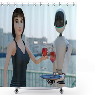 Personality  A Woman Gets Served Wine By A Robot (3d Rendering) Shower Curtains