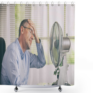 Personality  Man Suffers From Heat While Working In The Office And Tries To Cool Off By The Fan Shower Curtains