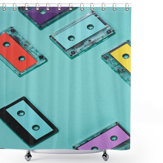 Personality  Flat Lay With Arranged Colorful Retro Audio Cassettes Isolated On Blue Shower Curtains