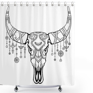 Personality  Fantastic Skull Of A Bull. Ethnic Jewelry And Beads, Indian Motives. Boho Design. The Linear Drawing Isolated On A White Background. Vector Illustration, Be Used For Coloring Book. Shower Curtains