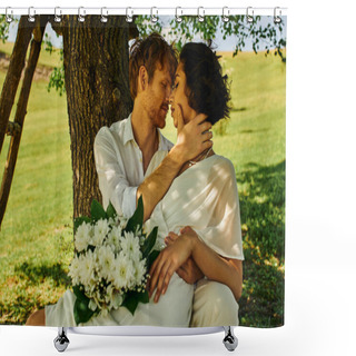 Personality  Redhead Groom Hugging Elegant Asian Bride Sitting With Flowers Under Tree, Wedding In Countryside Shower Curtains