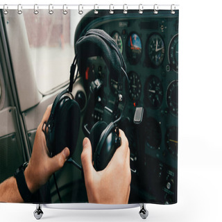 Personality  Partial View Of Pilot In Wristwatch Holding Headphones In Plane Shower Curtains
