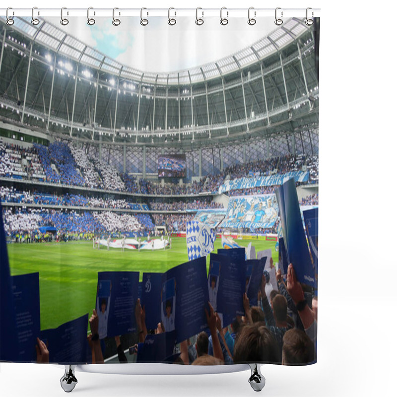 Personality  MOSCOW, RUSSIA - May 26, 2019: VTB Arena. The Opening Match Of The Dinamo Stadium In Moscow. Dynamo Moscow Vs Arsenal Tula. Blue And White Dynamo Fans Shower Curtains