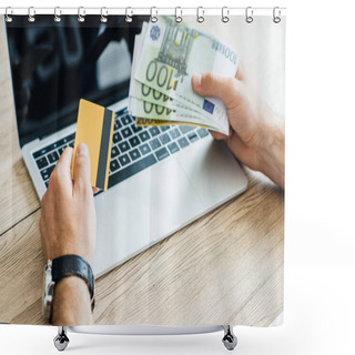 Personality  Cropped Shot Of Person Holding Credit Card And Euro Banknotes Above Laptop  Shower Curtains