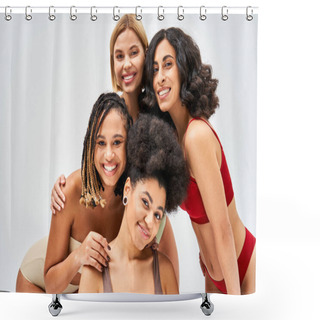 Personality  Positive Multiethnic Women In Colorful And Modern Lingerie Looking At Camera While Posing Together Isolated On Grey, Different Body Types And Self-acceptance Concept, Multicultural Models Shower Curtains