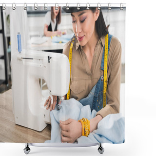 Personality  Asian Woman Working With Sewing Machine Shower Curtains