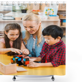Personality  Children Playing Building Blocks By Smiling Teacher In Montessori School Shower Curtains