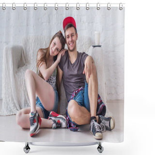 Personality  Friends Girl And Boy Sitting On Floor At Home In Summer Jeanswear Street Urban Casual Style Talking, Having Fun Shower Curtains