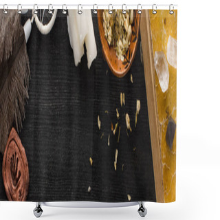 Personality  Top View Of Dreamcatcher With Book, Dry Flowers And Candles On Black Wooden Surface, Panoramic Shot  Shower Curtains