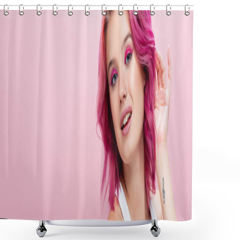 Personality  young woman with colorful hair and makeup posing isolated on pink, panoramic shot shower curtains