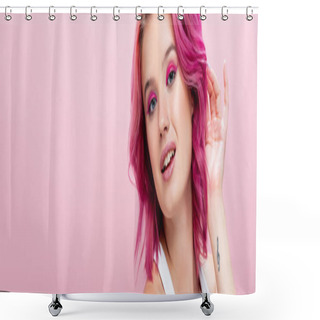 Personality  Young Woman With Colorful Hair And Makeup Posing Isolated On Pink, Panoramic Shot Shower Curtains