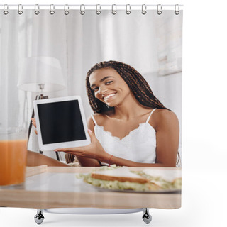 Personality  Woman In Bed At Morning Showing Tablet Shower Curtains