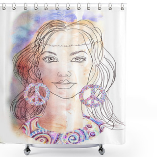 Personality  The Beautiful Hippie Girl. Watercolor Background. Shower Curtains