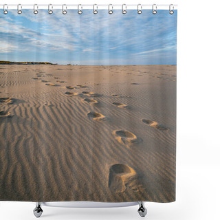 Personality  Footprints In The Sand With A Blue Sky And White Clouds In The Background. Coastline Of The Baltic Sea Near Carnikava, Latvia Shower Curtains