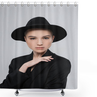 Personality  Charming Woman In Black Blazer And Brim Hat Looking At Camera Isolated On Grey Shower Curtains