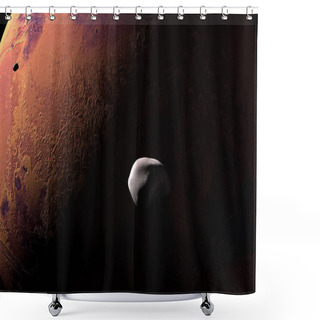 Personality  Phobos And Deimos, Mars I And Mars II, Orbiting Around Mars Planet. 3d Render Shower Curtains