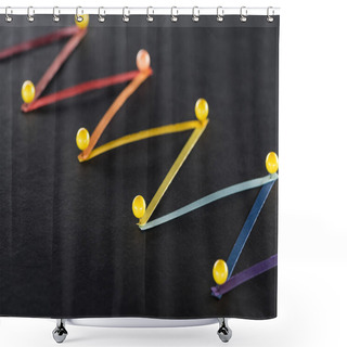 Personality  Multicolored Abstract Connected Lines With Pins On Black Background, Connection And Communication Concept Shower Curtains