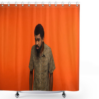 Personality  Uncertain African American Man In Shirt Looking At Camera While Standing On Orange Background  Shower Curtains