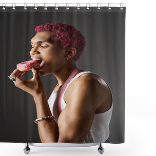 Personality  Handsome African American Man With Pink Hair And Suspenders Eating Tasty Donut, Fashion And Style Shower Curtains