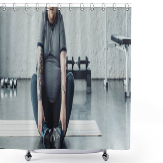 Personality  Panoramic Shot Of Overweight Man Sitting On Fitness Mat And Stretching Legs At Sports Center Shower Curtains