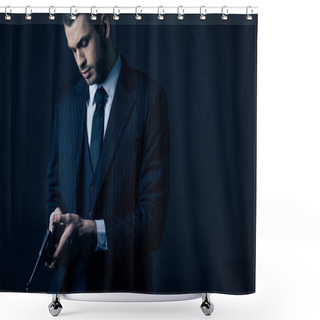 Personality  Gangster In Elegant Suit Loading Revolver On Black Background Shower Curtains