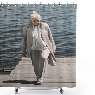 Personality  Senior Woman At Riverside  Shower Curtains