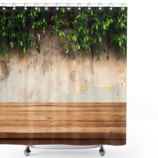 Personality  Wooden Deck Table Over Urban Wall With Leaves Shower Curtains