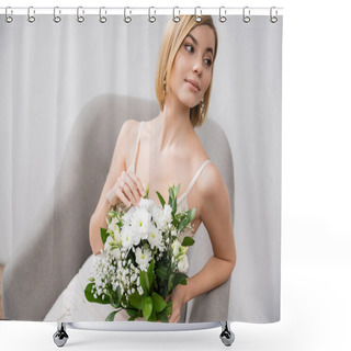 Personality  Special Occasion, Beautiful Young Bride In Wedding Dress Sitting In Armchair And Holding Bouquet On Grey Background, Engagement Ring, White Flowers, Bridal Accessories, Happiness, Feminine  Shower Curtains