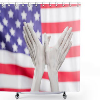 Personality  Cropped View Of Female Hands Painted In White Showing Bird-shape Sign Near American Flag  Shower Curtains