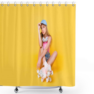 Personality  Street Urban Outdoor Style Lifestyle Concept, Portrait With Copyspace Of Dreamy Cool Girl With Headset On Neck Roller Skates On Crossed Legs Sitting On Floor Ground Isolated On Yellow Background Shower Curtains