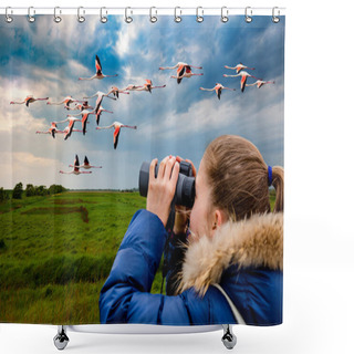 Personality  Young Girl Watching Flamingos Through Binoculars Against The Background Of The Nature. Observation Of Birds. Birdwatching Shower Curtains