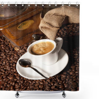 Personality  Vertical Close Up Of A Cup Of Coffee,with Grinder And Coffee Bea Shower Curtains