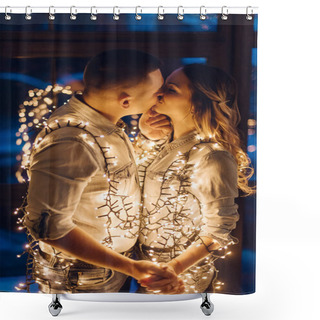 Personality  Couple In Love Hugging In Dark Among Multitude Of Lights Shower Curtains